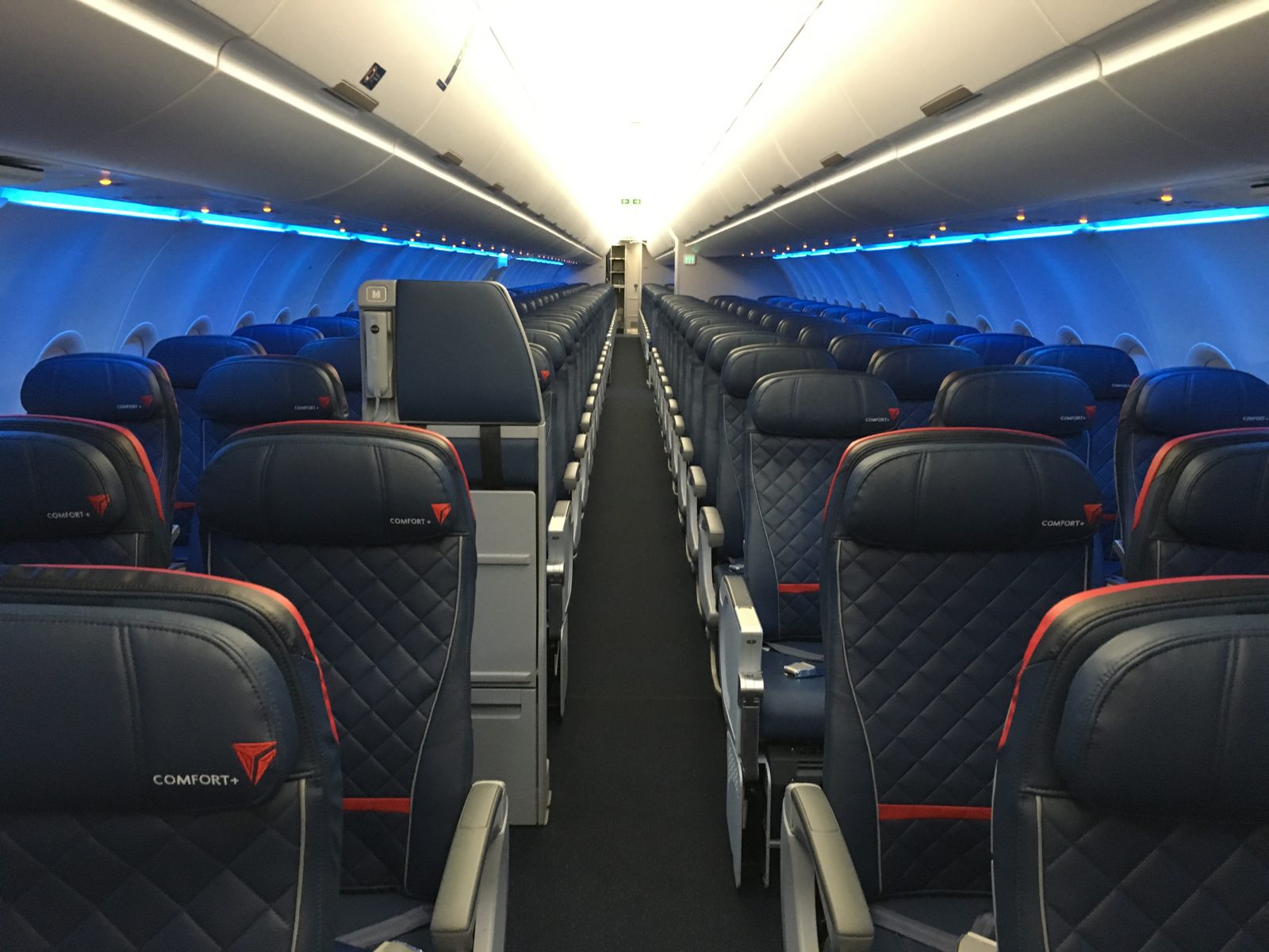 Interior of Delta Airlines Airbus A321. Delta slashes price of overlarge sports gear.