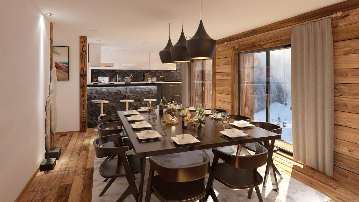 Dining room render of the Génepy. Les Gets. How to buy a home in the mountains.