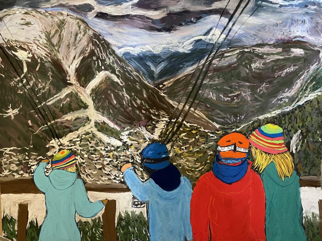 Kids Waiting for the Funicular in Courmayeur Mont Blanc- Soft Pastels by Martina Diez-Routh. In the shop for sale here. 