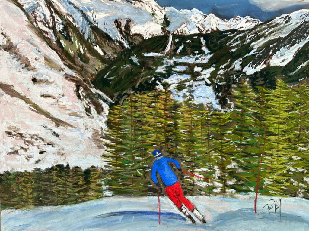 Skiing in La Thuile. Soft pastels painting by Martina Diez-Routh. You can buy this original painting or glicèe prints in my shop here.