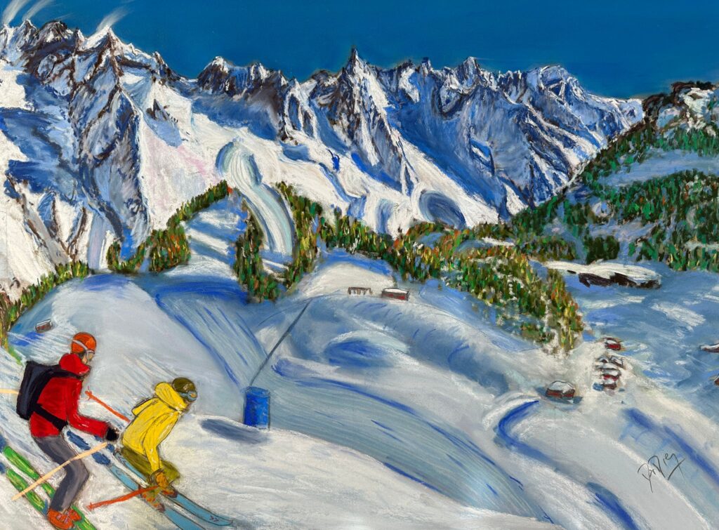 Skiing in Courmayeur with the Aretu wall in the background. Soft pastels art by Martina Diez-Routh. For sale on my shop here.