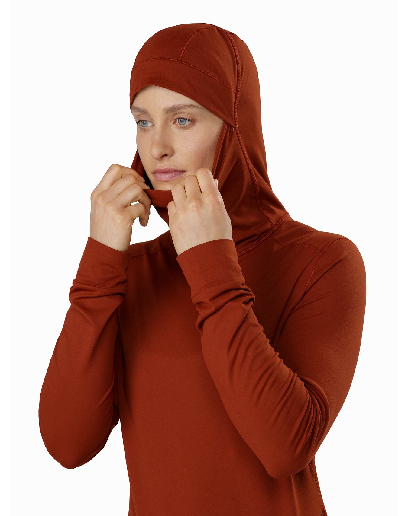 Detail of the hoody of the Vertices Hoody top- Arc'teryx. Gear Review: Arc’teryx’s base layers for the season.