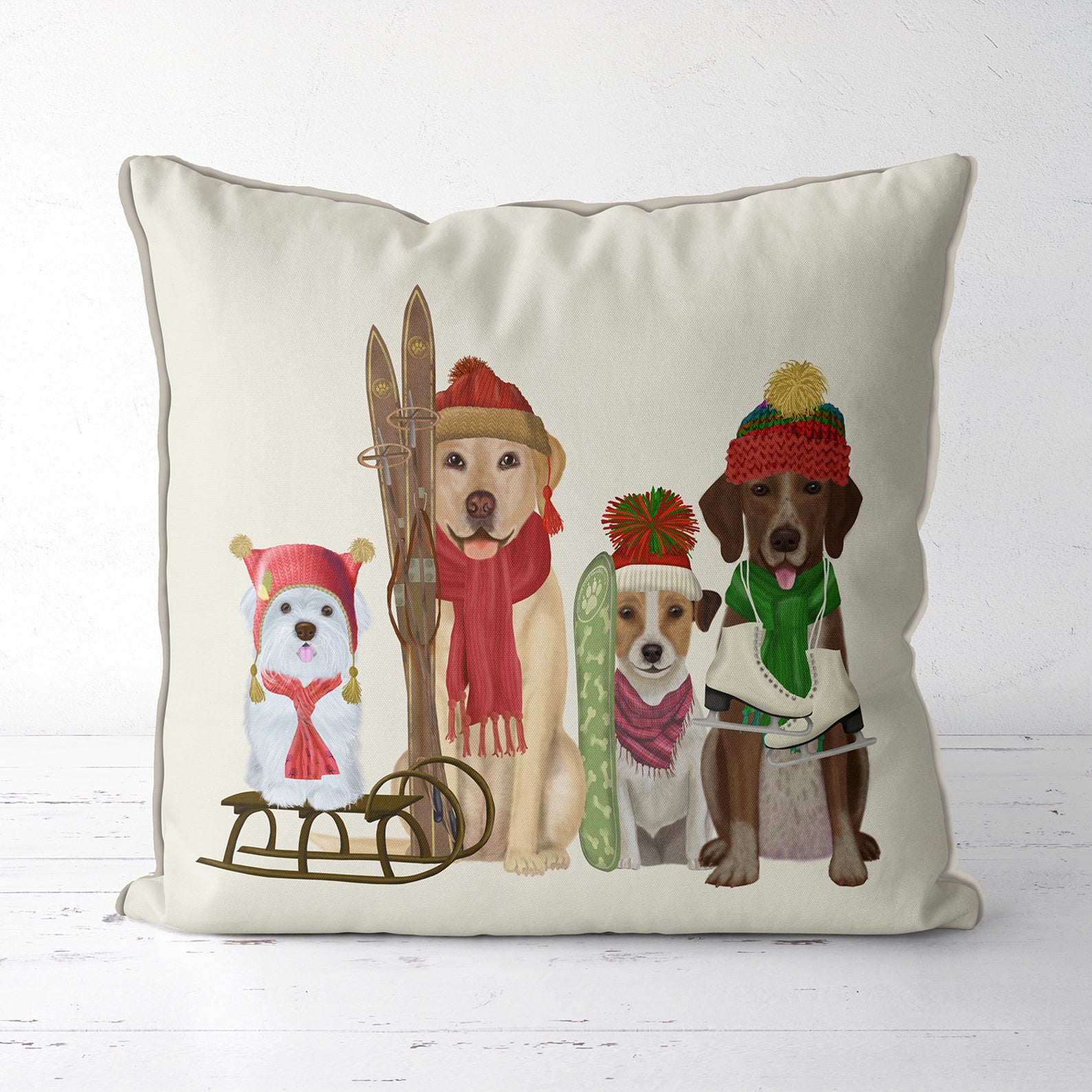 Ski dog pillow. FabFunky Pillows. Etsy. What to buy to the skier or boarder at heart for Christmas.