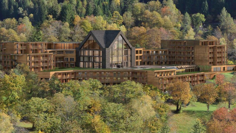 Exterior of the hotel in summer. Pinzolo/Madonna di Campiglio has opened its first 5 stars luxury hotel- Lefay Resort & Spa Dolomiti.