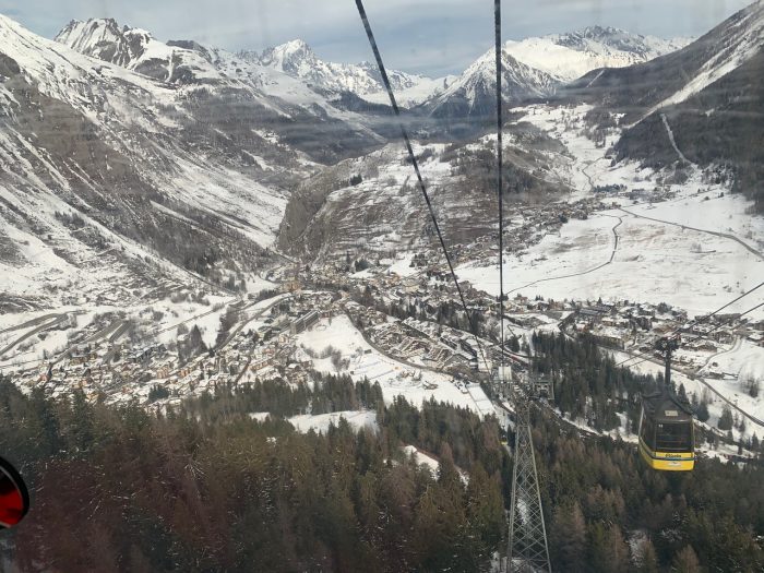 The valley of La Thuile from the cablecar. Our half term ski-safari holiday based in the Valdigne of Aosta Valley- Courmayeur, Pila and La Thuile.