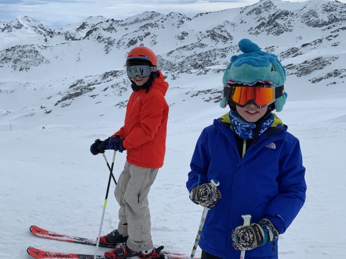 Just arrived to the top of Les Suches, ready to go skiing. Our half term ski-safari holiday based in the Valdigne of Aosta Valley- Courmayeur, Pila and La Thuile.