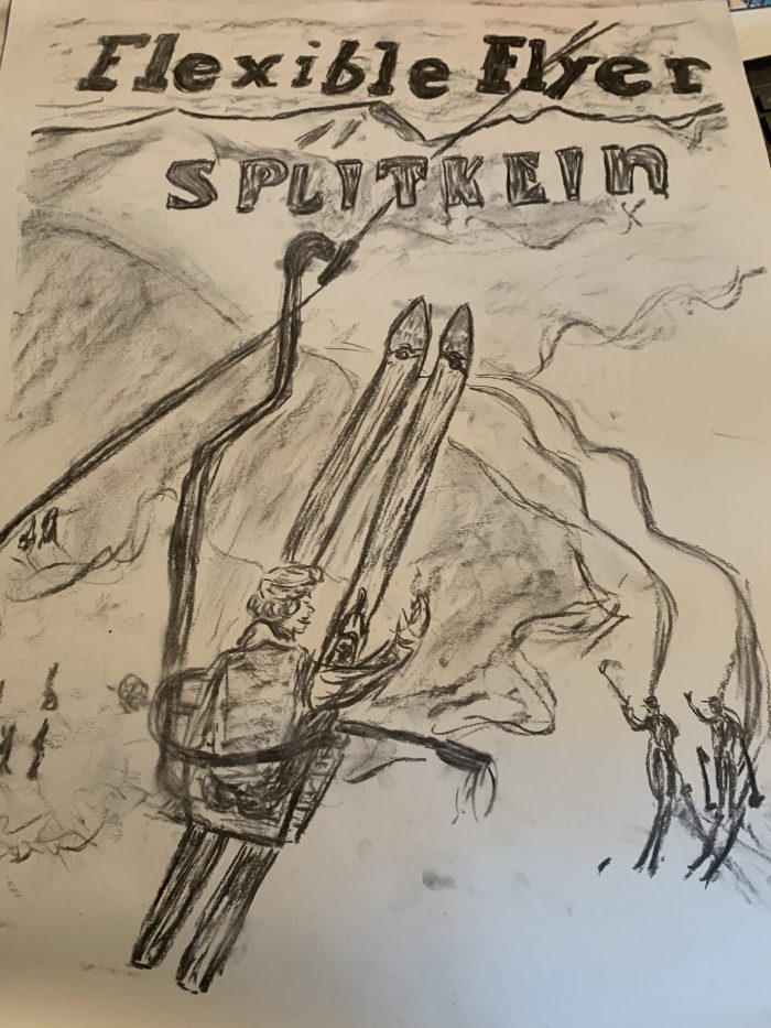 An old advertisement - copied in charcoal. The skis were a tad too long. The Art of the Mountains.