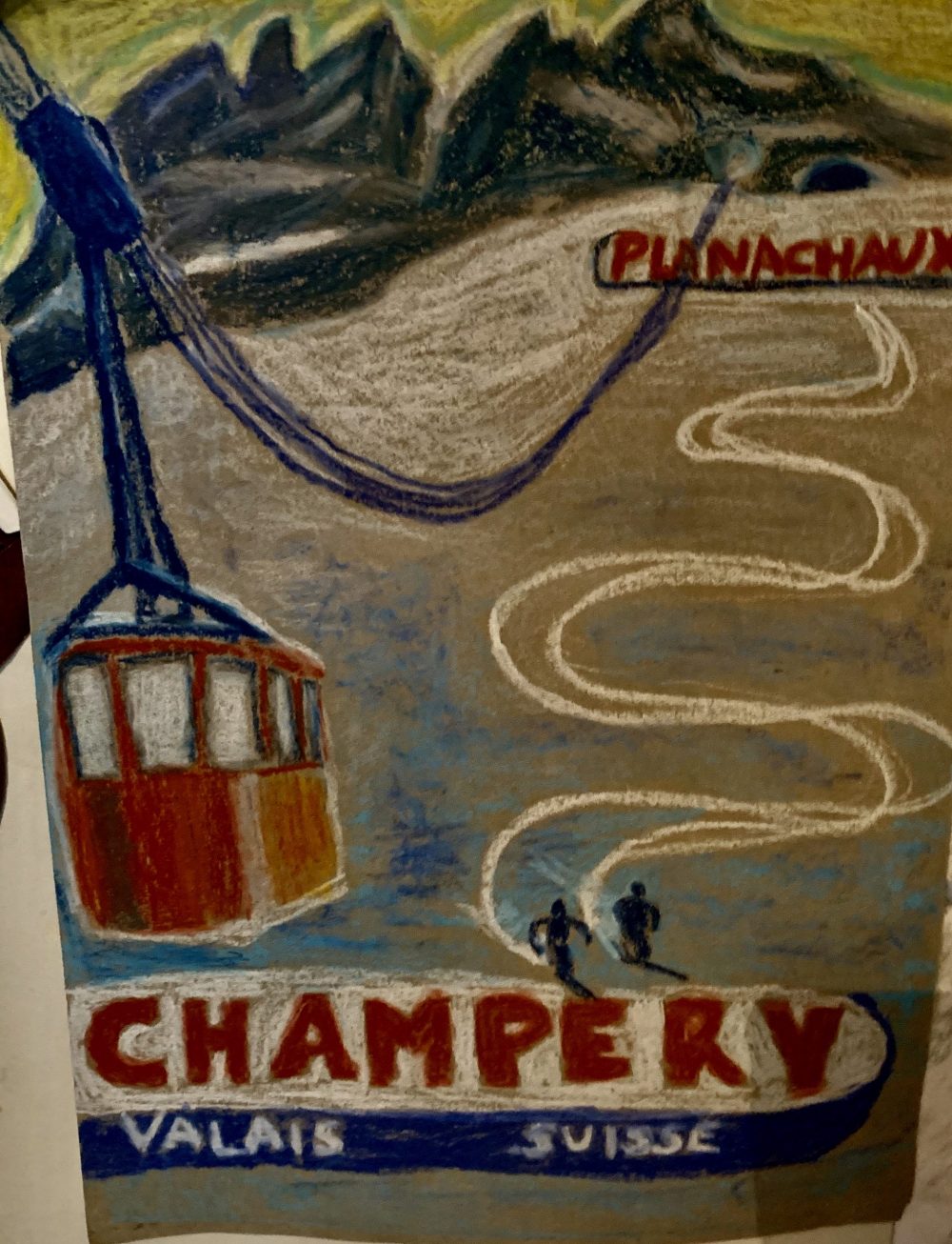 Oil pastels of the cablecar in Champery. The Art of the Mountains.