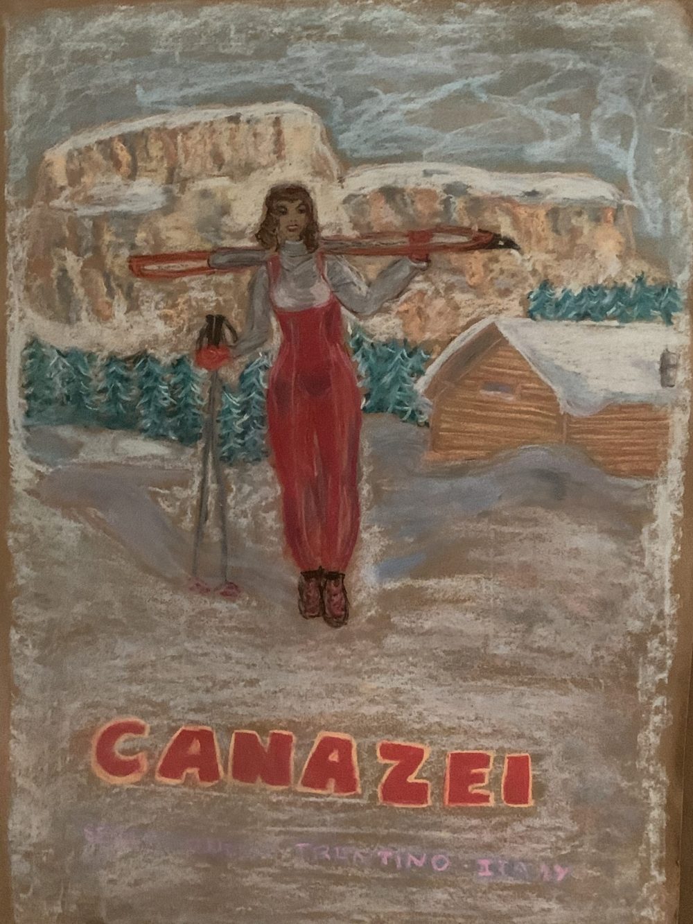 A girl with the Dolomites in the backdrop in Canazei. Soft Pastels. The Art of the Mountains.