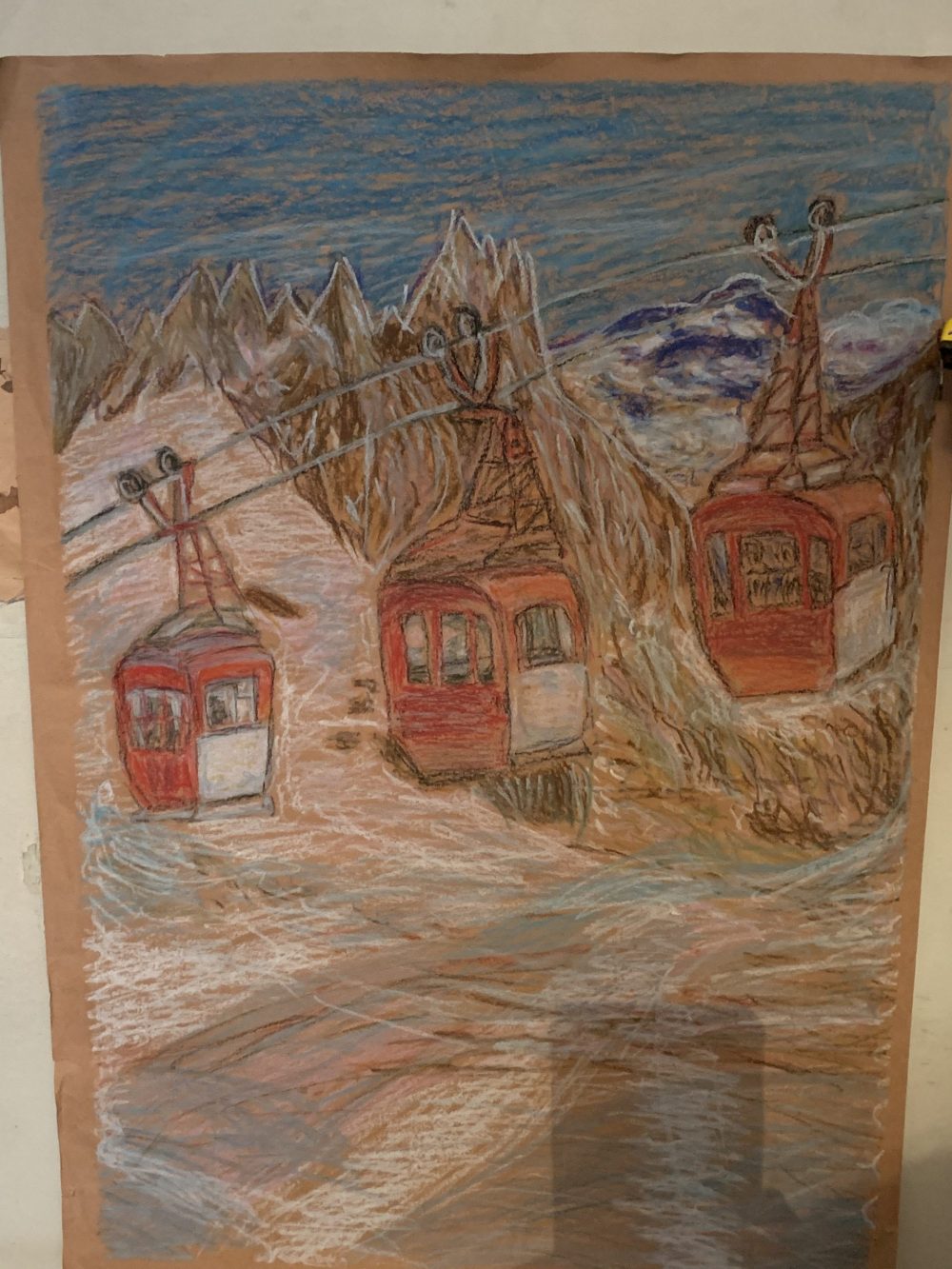 The old cabins of the Mar de Glace, between Aiguille du Midi and Punta Helbronner. Oil Pastels. The Art of the Mountains.