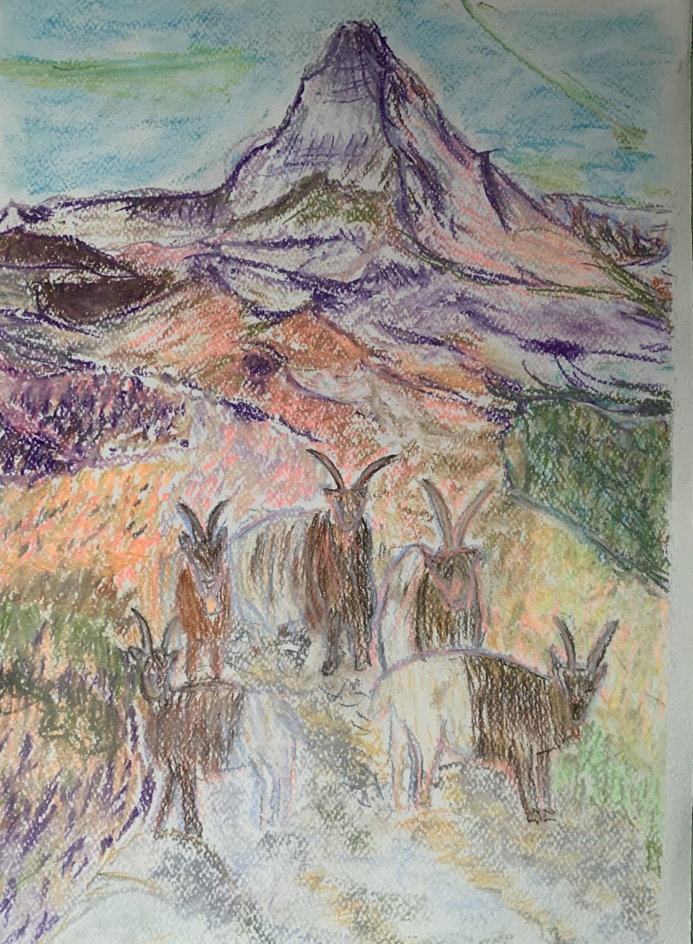 Some alpine ibex posing in front of the Matterhorn. pastels.