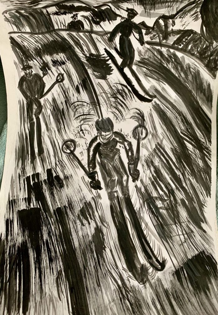 Speed in skiing in ink. The straight lines is something I cannot deal with... but it looks as the skier is coming down fast. The art of the mountains.