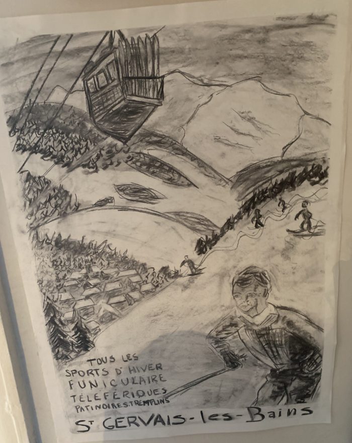 A charcoal picture of St Gervais-les-Bains. The Art of the Mountains.