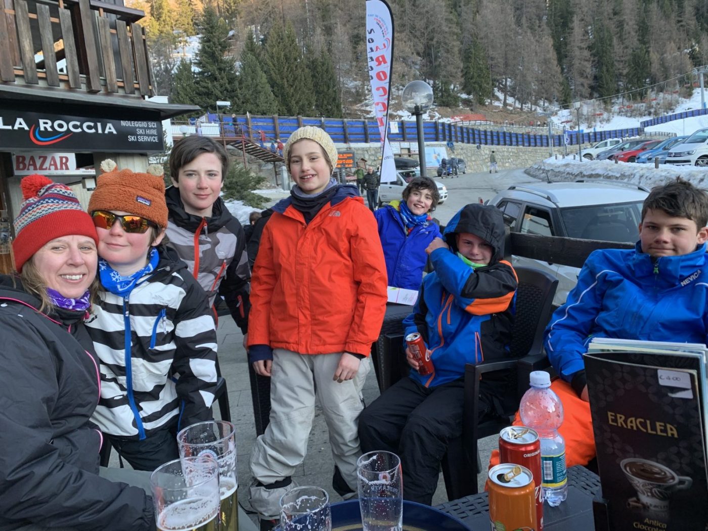 Part of the group at the après-ski by the top cablecar of Pila. Our half term ski-safari holiday based in the Valdigne of Aosta Valley- Courmayeur, Pila and La Thuile.