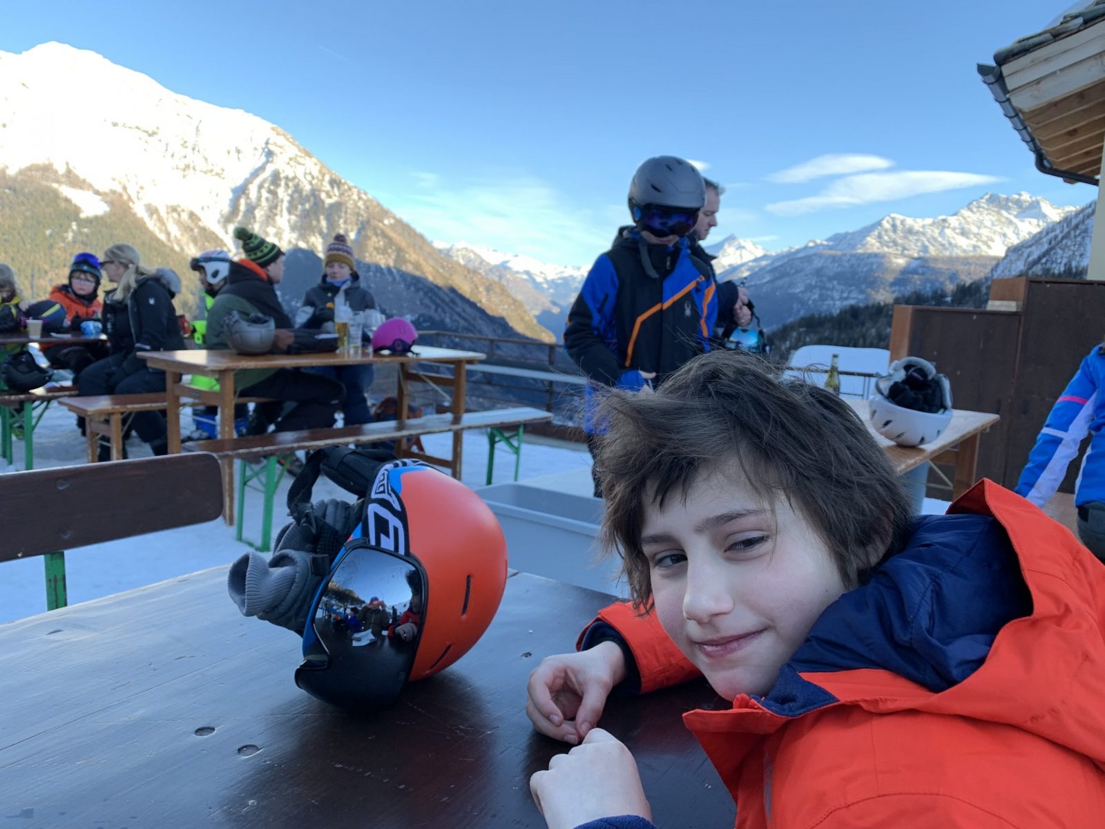 At the base of Courmayeur by Christiana at the end of the ski day. Our half term ski-safari holiday based in the Valdigne of Aosta Valley- Courmayeur, Pila and La Thuile.