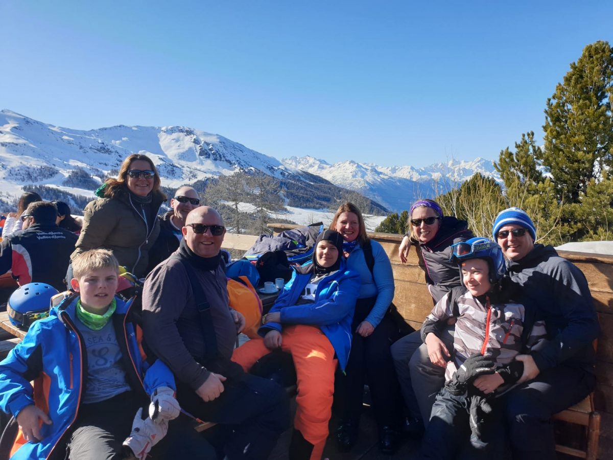Part of the group at La Baraka, top of Chamolé in Pila. Our half term ski-safari holiday based in the Valdigne of Aosta Valley- Courmayeur, Pila and La Thuile.