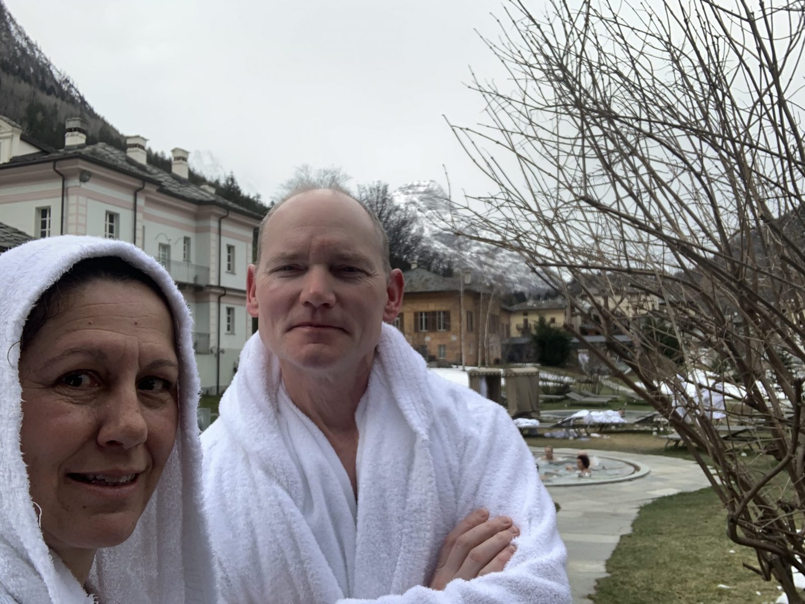 My hubby and me at the terme. Our half term ski-safari holiday based in the Valdigne of Aosta Valley- Courmayeur, Pila and La Thuile.