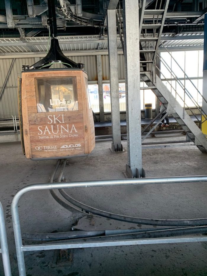 The sauna cablecar of La Thuile. It is not really a sauna, just a promotion of Terme di Pré-Saint-Didier. Our half term ski-safari holiday based in the Valdigne of Aosta Valley- Courmayeur, Pila and La Thuile.