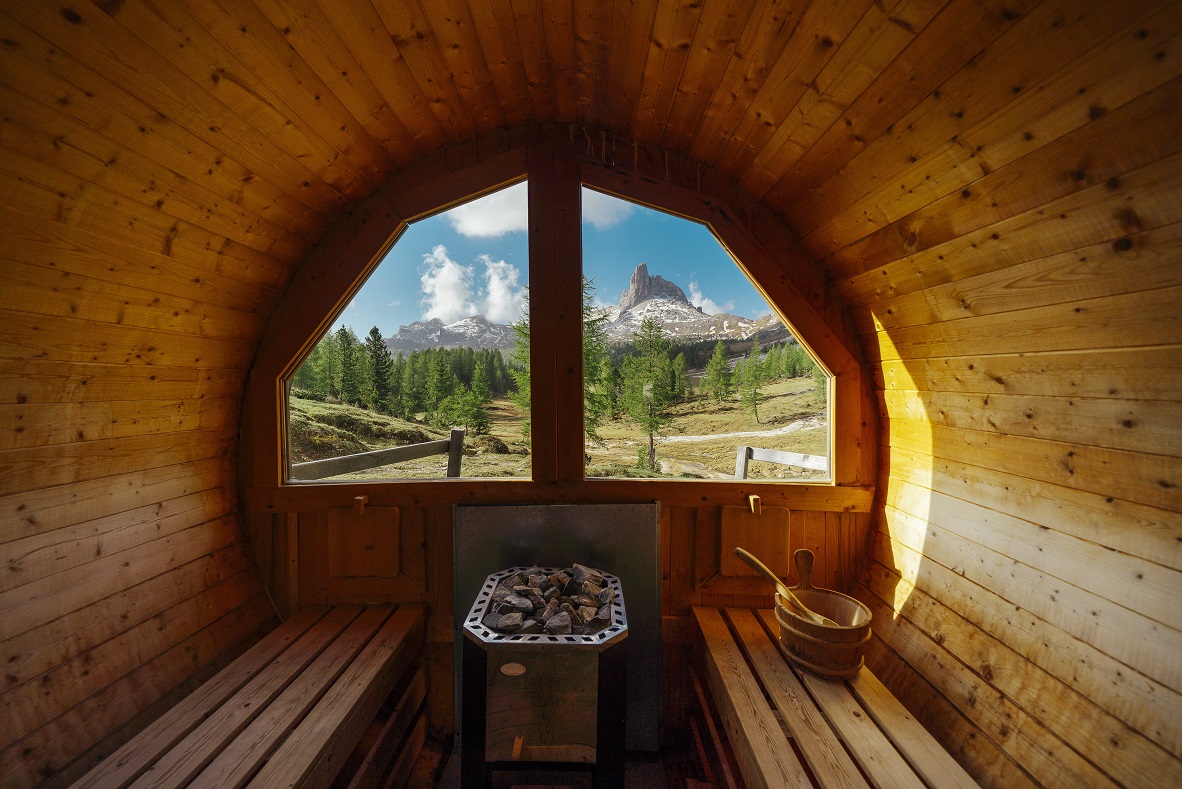 Imagine being yourself here.... I can dream of it... Sauna Croda da Lago. Photo: www.bandion.it. Cortina Marketing. Cortina d’Ampezzo is ready for a new summer season.