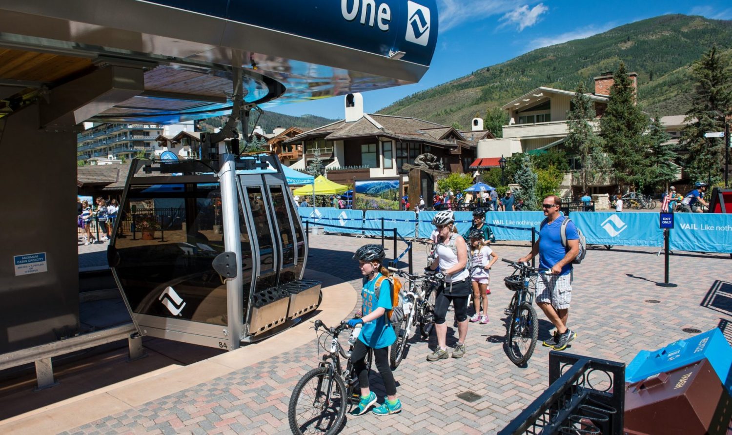 Mountain bikes being transported up Gondola One at Vail, Colorado. Photo: Jack Affleck. Vail Resorts. The Must-Read Guide to Vail. 