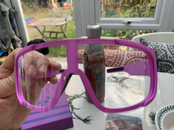 The clear lens on the Panda Optics Conquer glasses. Review of the Panda Optics Conquer sports lenses.