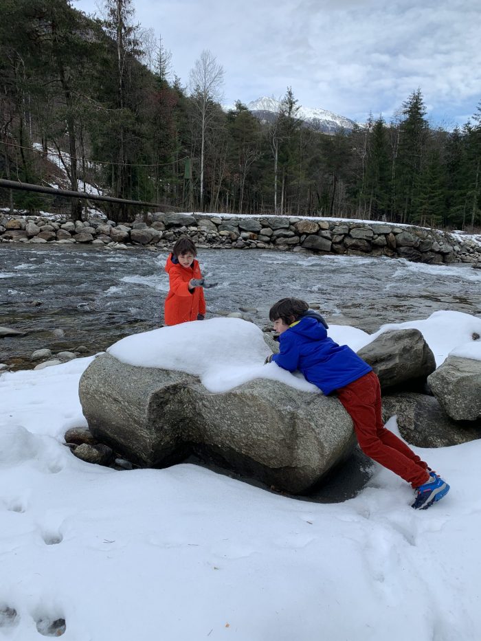 The boys by the Dora Baltea. Ozzy went into the freezing waters, he was bonkers afterwards. Our Winter Gate-away to the Mountains - no skiing included.