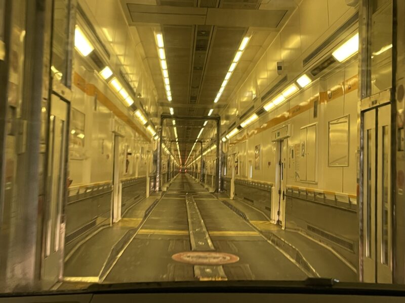 Back inside the Eurotunnel that took us to England. Our trip to the mountains for our summer holidays.