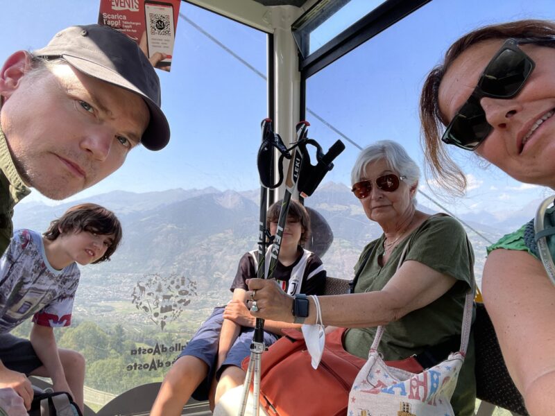 Going up the cablecar to Pila from the city of Aosta. Our trip to the mountains for our summer holidays.