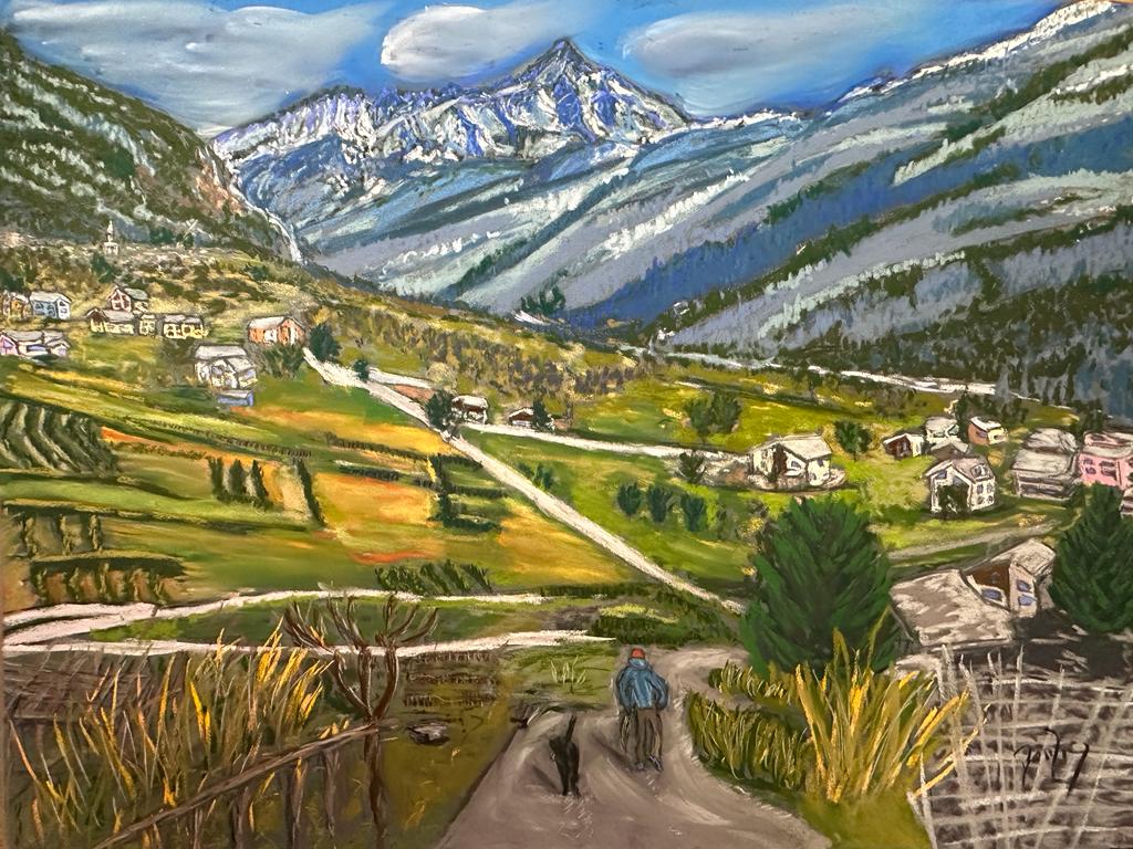 Walking the wine routes with the Grivola in the background. Soft pastels art by Martina Diez-Routh- now in my shop. 