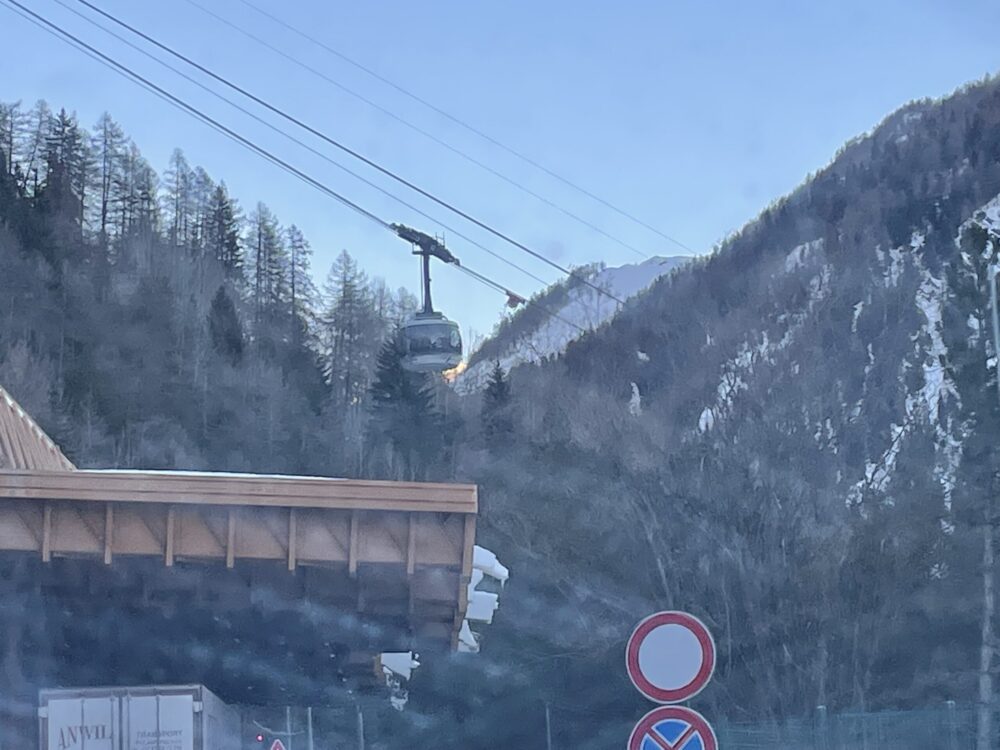We are in Italy! You can see the Rotair Skyway Monte Bianco cablecar coming down to the base just outside of the Mont Blanc Tunnel. Photo: The-Ski-Guru. The Mad Rush of the Last Days to get out of Britain in Time before Lockdown.