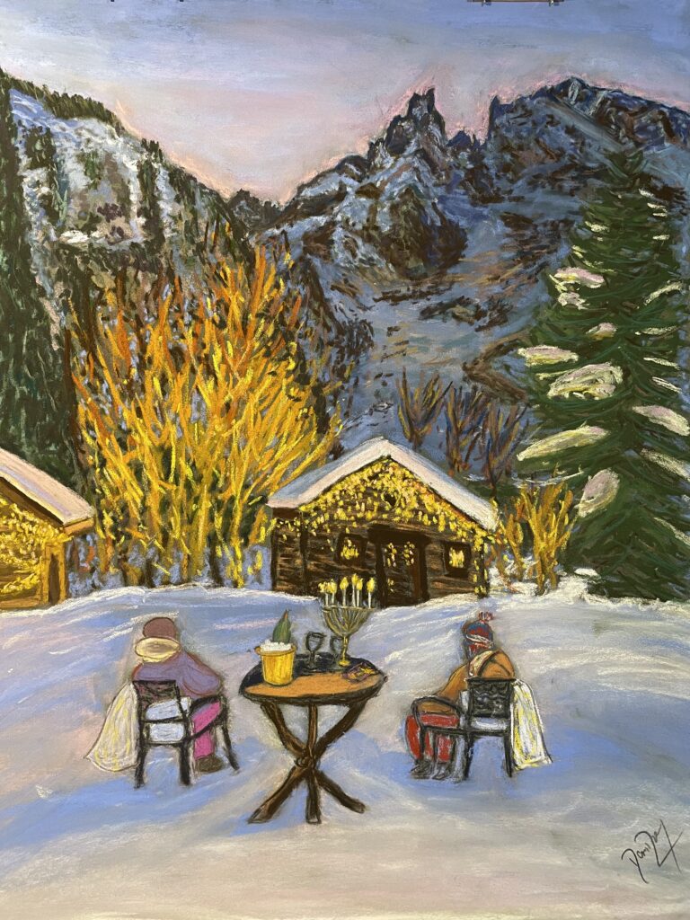 Aperitivo at Dusk with Monte Bianco. Soft pastels art. Register to my Mountain Art Newsletter today.