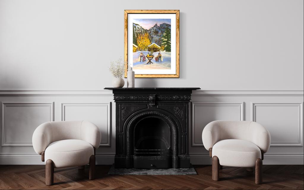 Aperitivo ai piedi del Monte Bianco. Soft pastels painting by Martina Diez-Routh /The-Ski-Guru HOME. 65x80cm framed. For sale in my shop for £1300 + shipping. 