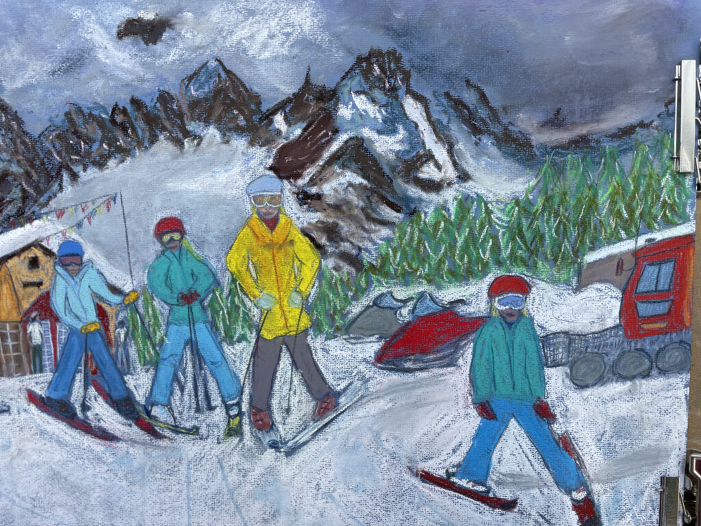 Friends and Family, ready to go back skiing after having lunch at Maison Vielle in Courmayeur. A soft pastels painting by Martina Diez-Routh. Get it at The-Ski-Guru HOME shop.