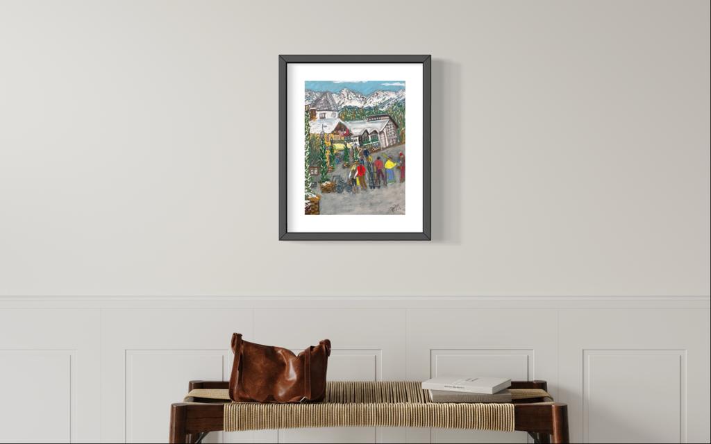 Vail's main street. Soft pastels and pastel pencils on pastel paper. 40x30cm. For sale in my shop. Differences between skiing in North America and Europe