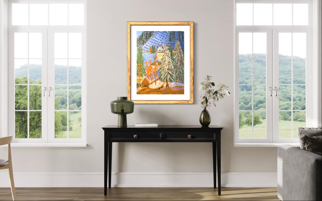 Vail Mountain Wooden Clock, painting by Martina Diez-Routh in soft pastels, pan pastels and pastel pencils on pastel paper 80x60cm unframed,<a href="https://the-ski-guru-home.myshopify.com/collections/paintings/products/vail-village-clock-and-wooden-bridge-with-christmas-lights" target="_blank" rel="noopener"> on sale framed</a>.