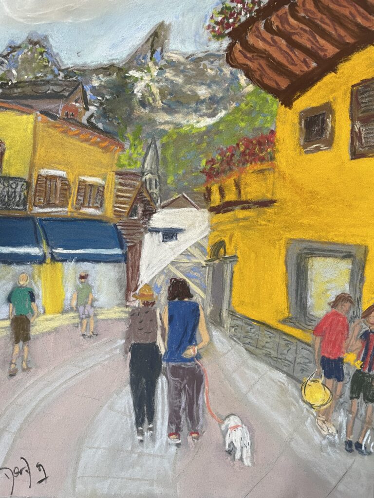 Via Roma in Courmayeur- Soft Pastels Art by Martina Diez-Routh - 24x30cm. On sale at The-Ski-Guru HOME shop. Made with soft pastels and pastel pencils.
