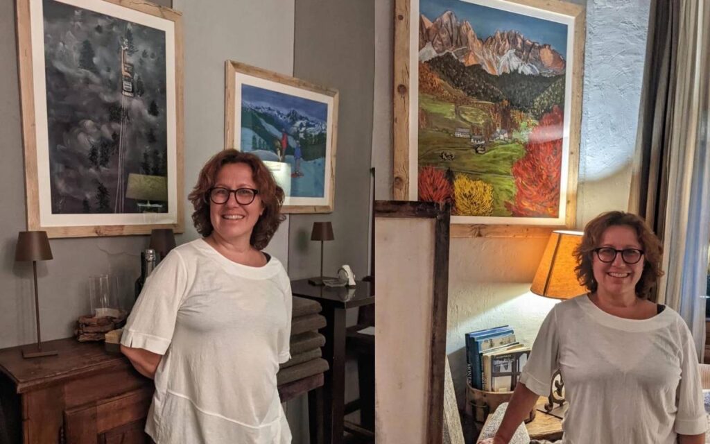 My solo exhibit at the Caffè della Posta in Courmayeur during August 2022. Photo: A Girl and her Dog- Gemma Johnstone. 