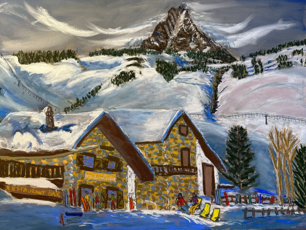 Chateau Branlant. Painted with soft pastels, pan pastels and pastel pencils. 60 x 80 cm on La Carte Pastel. On sale in my shop for £1300.