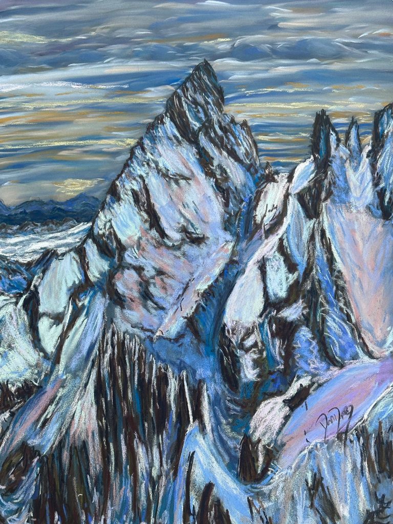 Aiguille Noire de Peuterey, part of the Monte Bianco. I made it with soft pastels, pan pastels and charcoal on La Carte Pastel. Check it out in my shop here. 