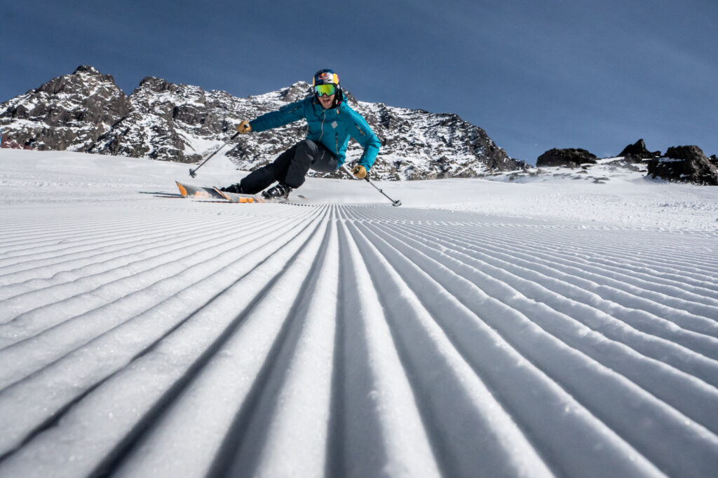 The perfect groomed slopes of Portillo. Skier: Chris Davenport. Photo: Tamara Susa Photo. Courtesy Ski Portillo. 