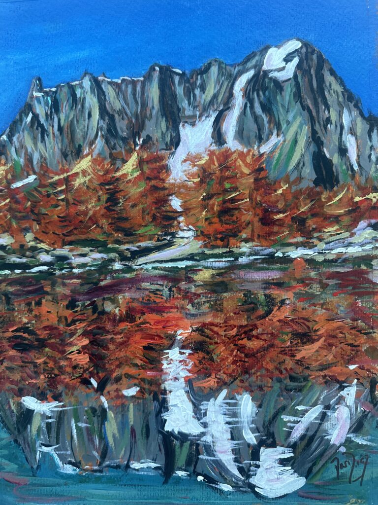 Lago d'Arpy, with the views of the Catena di Monte Bianco, in acrylics. 30x40 cm (12"x16"). In my shop here. 