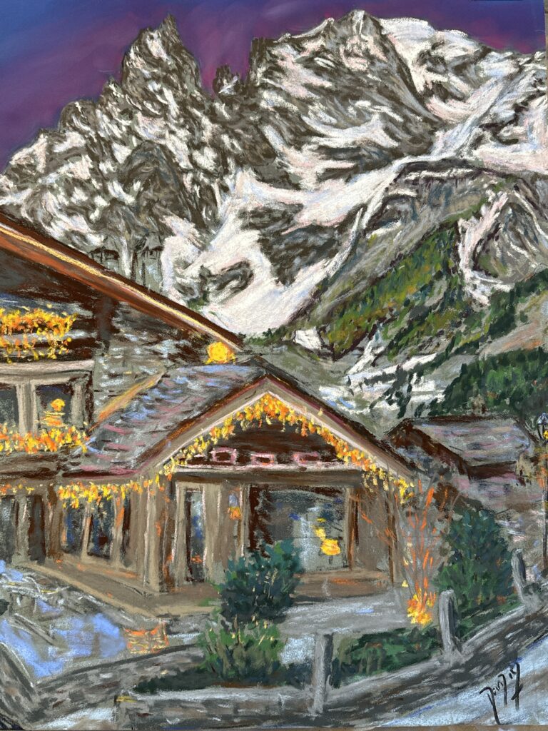 Auberge de la Maison, one of my paintings of the Monte Bianco at dusk from the hamlet of Entrèves in Courmayeur. In my shop in this link. 