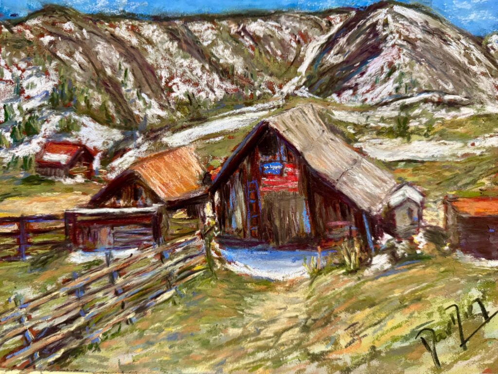 Brush Creek Ranch. Soft pastels on pastel paper. On my shop here.