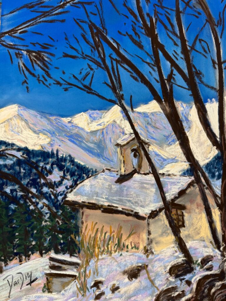 Small chapel in Pila, the departure point for the snowshoeing and skimo trails. In my shop here.